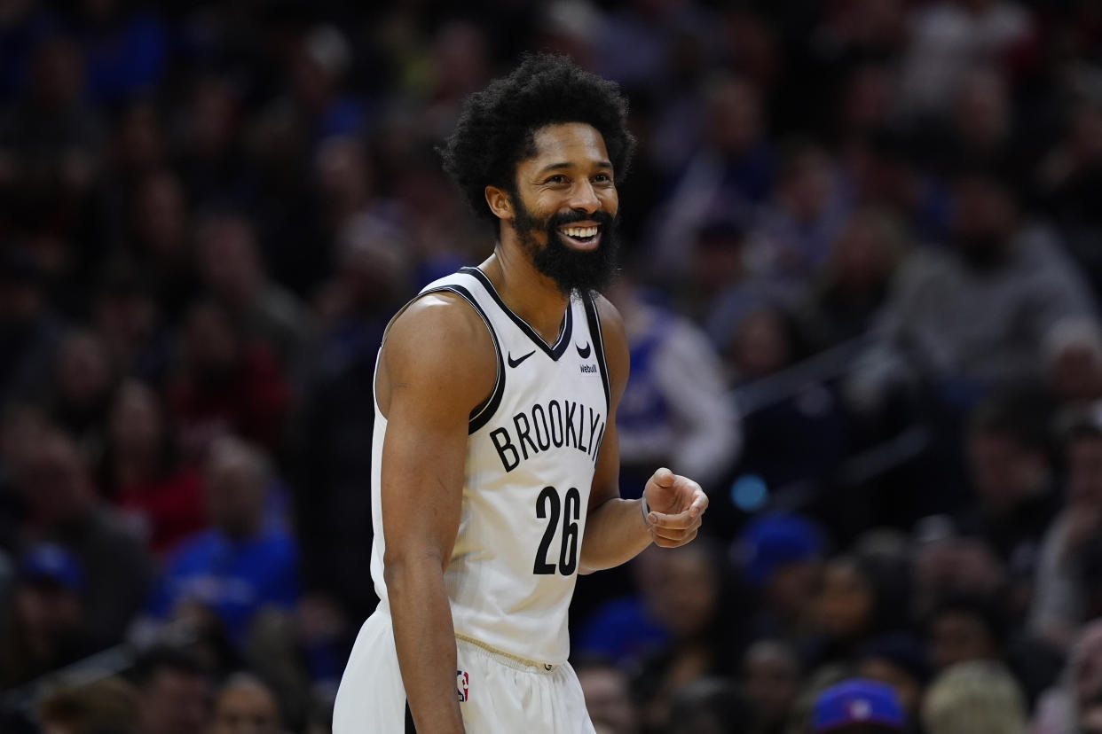 Brooklyn Nets' Spencer Dinwiddie reacts during an NBA basketball game, Saturday, Feb. 3, 2024, in Philadelphia. (AP Photo/Matt Slocum)