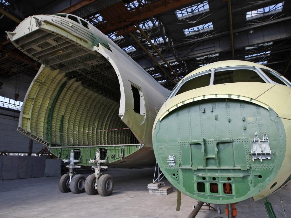 Ukrainian Antonov An-225 "Mriya" aircraft is seen in the assembly shop of the Antonov aircraft plant in Kiev, Ukraine on September 07, 2016.