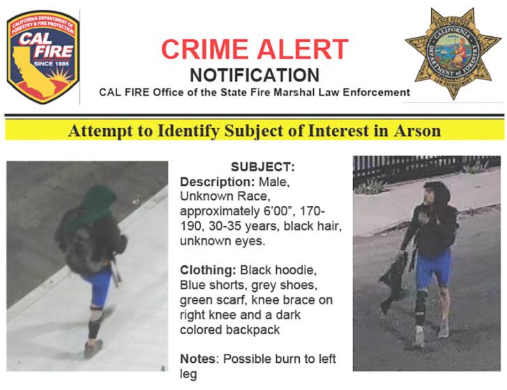 Cal Fire crime alert. If you have any information, please contact the Office of the State Fire Marshal Arson and Bomb Unit at arsonbomb@fire.ca.gov or call the CAL FIRE Arson Hotline at 1-800-468-4408. Photographs from the scene taken at 12:31 a.m. on Nov. 11 show a man walking in the vicinity of Alameda Street and the 10 Freeway. He is wearing blue shorts and a black jacket and carrying a black backpack and a green scarf.