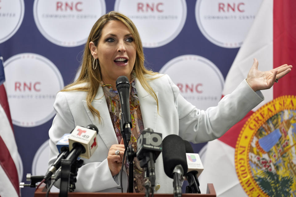 FILE - Republican National Committee chairman Ronna McDaniel speaks during a Get Out To Vote rally on Oct. 18, 2022, in Tampa, Fla. The race for RNC chair will be decided on Friday by secret ballot as Republican officials from all 50 states gather in Southern California. McDaniel is fighting for reelection against rival Harmeet Dhillon, one of former President Donald Trump’s attorneys. (AP Photo/Chris O'Meara, File)