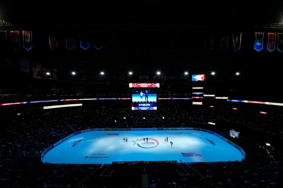 Jan 27, 2024; Columbus, Ohio, USA; An overall view of Nationwide Arena for the championship pairs free dance during the 2024 US Figure Skating Championships. Mandatory Credit: Adam Cairns-USA TODAY Sports