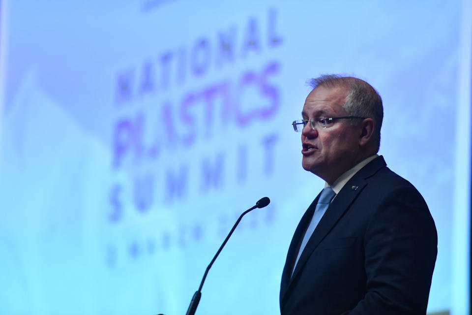 Prime Minister Scott Morrison at the National Plastics Summit on Monday. Source: AAP