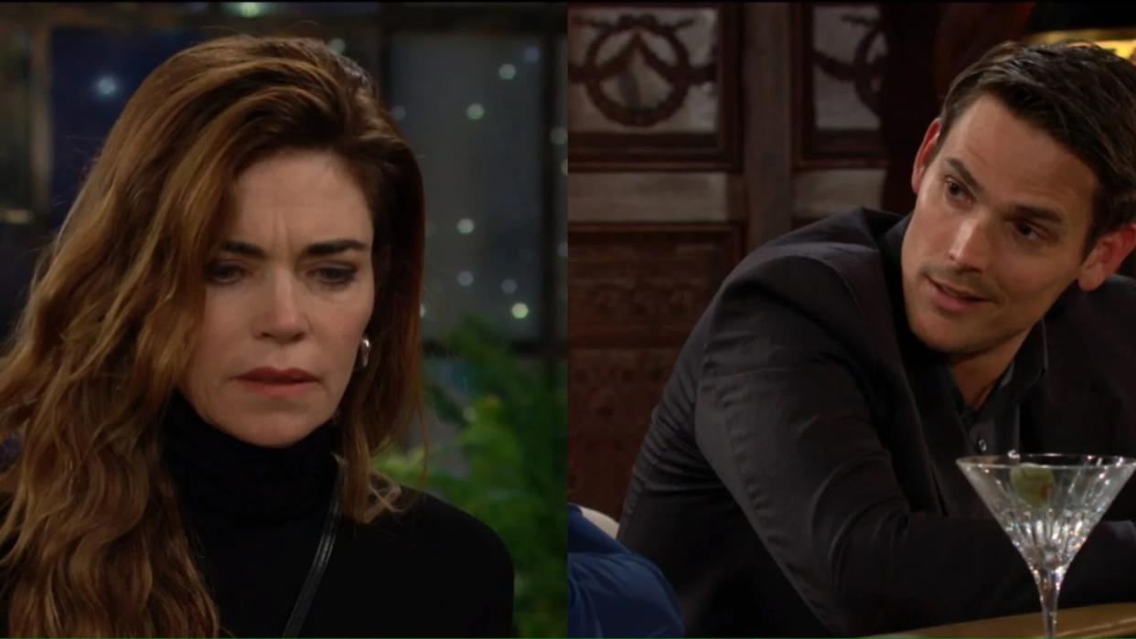  Amelia Heinle and Mark Grossman as Victoria and Adam at a bar in The Young and the Restless. 