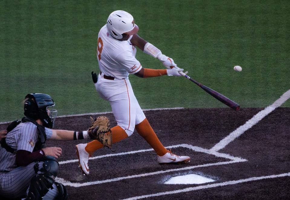 Texas infielder Dylan Campbell bats against Texas State at UFCU Disch-Falk Field last month. Campbell extended his hitting streak to 26 games, breaking a 15-year-old program record, in the Longhorns' win over Kansas on Sunday in Lawrence.