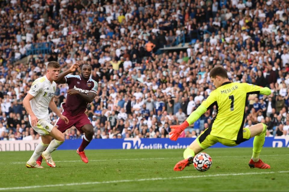 Michail Antonio fires a late winner past Leeds goalkeeper Illan Meslier (Getty Images)