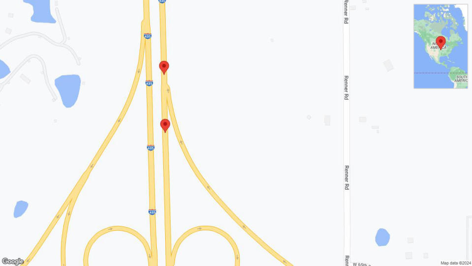 A detailed map that shows the affected road due to 'Broken down vehicle on northbound I-435 in Shawnee' on January 2nd at 2:40 p.m.