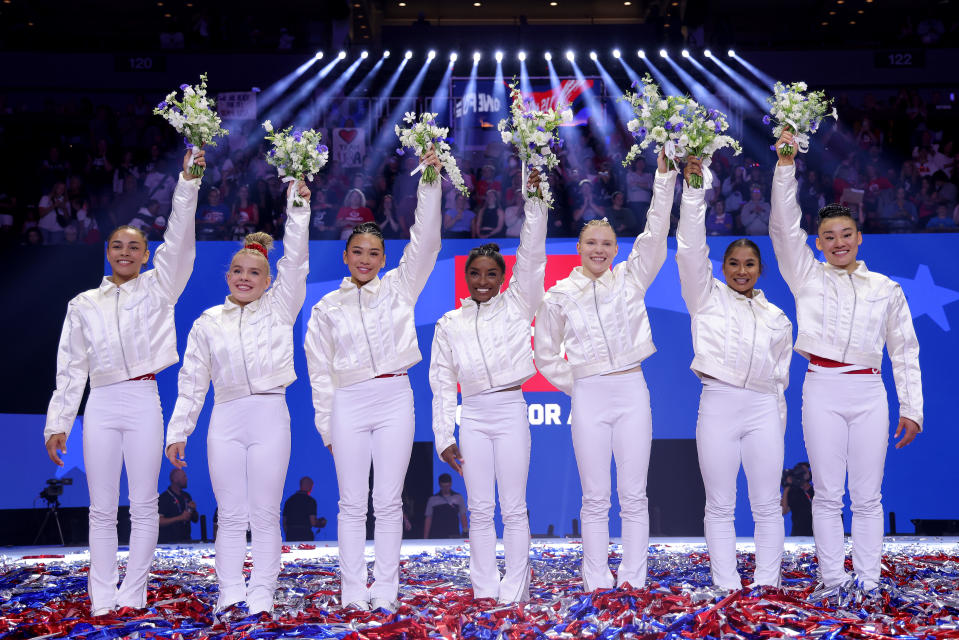 MINNEAPOLIS, MINNESOTA - JUNE 30: (L-R) Hezly Rivera, Joscelyn Roberson, Suni Lee, Simone Biles, Jade Carey, Jordan Chiles and Leanne Wong pose after being selected for the 2024 U.S. Olympic women's gymnastics team on the fourth day of the U.S. Olympic 2024 team gymnastics trials at the Target Center on June 30, 2024 in Minneapolis, Minnesota.  (Photo by Jamie Squire/Getty Images)