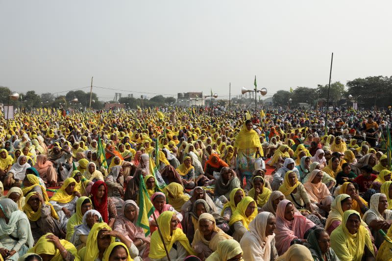 Farmers gather to mark the first anniversary of their protests on the outskirts of Delhi at Pakora Chowk near Tikri border