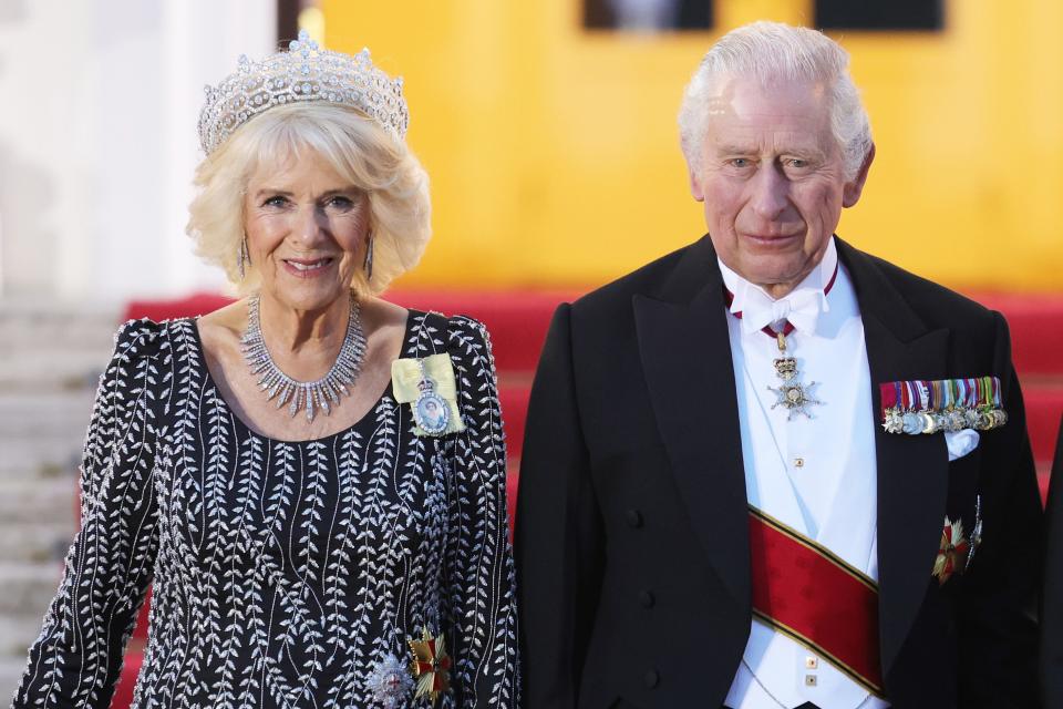 BERLIN, GERMANY - MARCH 29: King Charles III and Camilla, Queen Consort arrive at Belleuvue Palace on March 29, 2023 in Berlin, Germany. The King and The Queen Consort's first state visit to Germany will take place in Berlin, Brandenburg and Hamburg from Wednesday 29th March to Friday 31st March 2023. The King and Queen Consort's state visit to France, which was scheduled March 26th - 29th, has been postponed amid mass strikes and protests. (Photo by Chris Jackson/Getty Images) ORG XMIT: 775958497 ORIG FILE ID: 1477873234