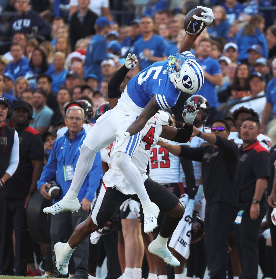 Brigham Young Cougars wide receiver Darius Lassiter (5) makes a one handed catch against the Texas Tech Red Raiders in Provo on Saturday, Oct. 21, 2023. | Jeffrey D. Allred, Deseret News