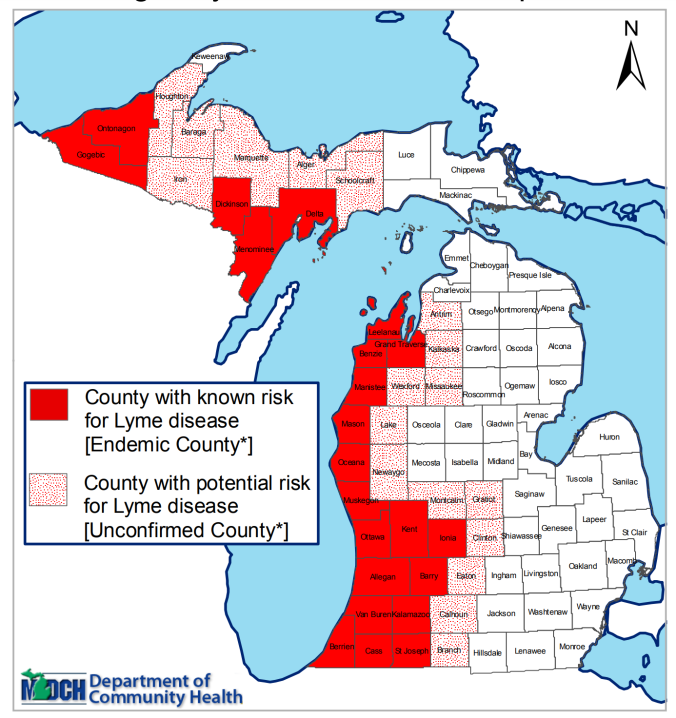 Tick distribution in Michigan. Courtesy MDHHS.