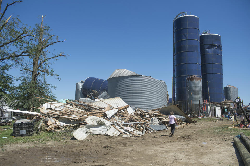 Damage to Wellacrest Farms is shown after a tornado passed through the area earlier in Mullica Hill, N.J., on Thursday, Sept. 2, 2021. The remnants of Hurricane Ida dumped historic rain over in the Northeast, with several deaths linked to flooding in the region as basement apartments suddenly filled with water and freeways and boulevards turned into rivers, submerging cars. (Joe Warner /NJ Advance Media via AP)