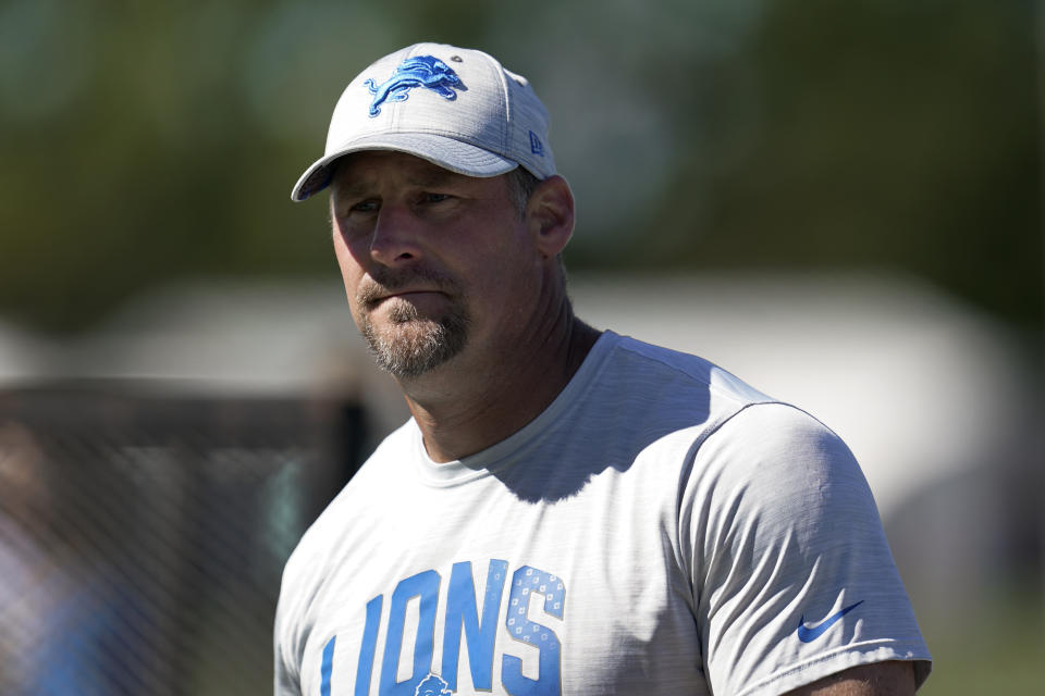 Detroit Lions head coach Dan Campbell watches during an NFL football practice in Allen Park, Mich., Friday, July 29, 2022. (AP Photo/Paul Sancya)