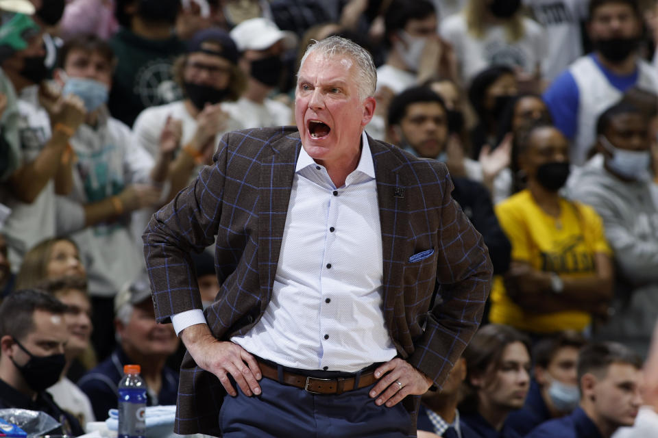 Toledo coach Tod Kawalczyk reacts during the first half of an NCAA college basketball game against Michigan State, Saturday, Dec. 4, 2021, in East Lansing, Mich. (AP Photo/Al Goldis)