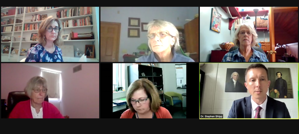 From top left, Monroe County Attorney Margie Rice, Monroe County Commissioners Julie Thomas, Lee Jones and Penny Githens, county health department administrator Penny Caudill and Seven Oaks Classical School Headmaster Stephen Shipp are seen during a hearing held via Zoom on Monday.