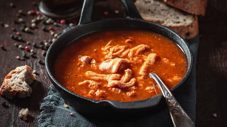 served bowl of Flaczki soup