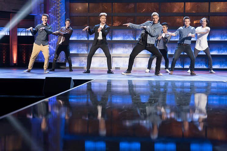 Stone Martin, Andrew Bloom, Jaden Gray, Sergio Calderon, Nick Carter, Andrew Butcher and Miles Wesley on ABC&#39;s Boy Band. (Photo Credit: Eric McCandless/ABC)