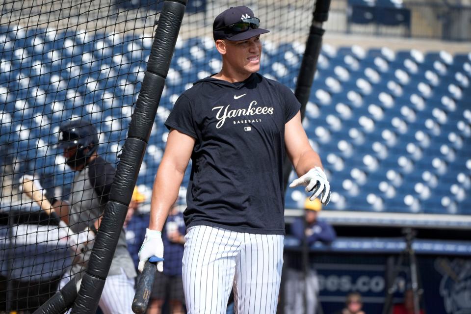 New York Yankees center fielder Aaron Judge walks out of the batting cage before a spring training baseball game against the Tampa Bay Rays Wednesday, March 6, 2024, in Tampa, Fla. (AP Photo/Charlie Neibergall)