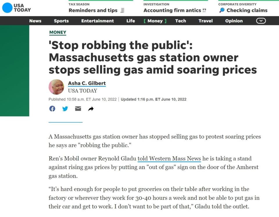 Screenshot of USA Today's article, "'Stop robbing the public': Massachusetts gas station owner stops selling gas amid soaring prices"