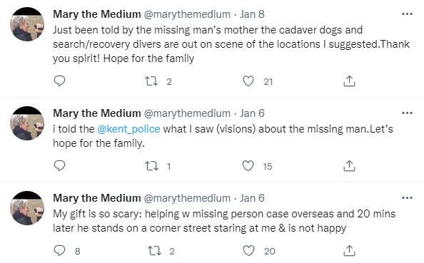 瑪莉在1月時就釋出發現亞歷克斯的訊息，但警方沒有太在意（圖／twitter@marythemedium）