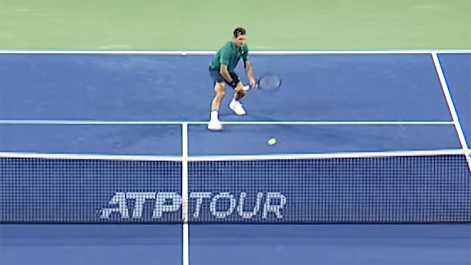 Roger Federer played a rare two-handed drop-volley. Image: Tennis TV