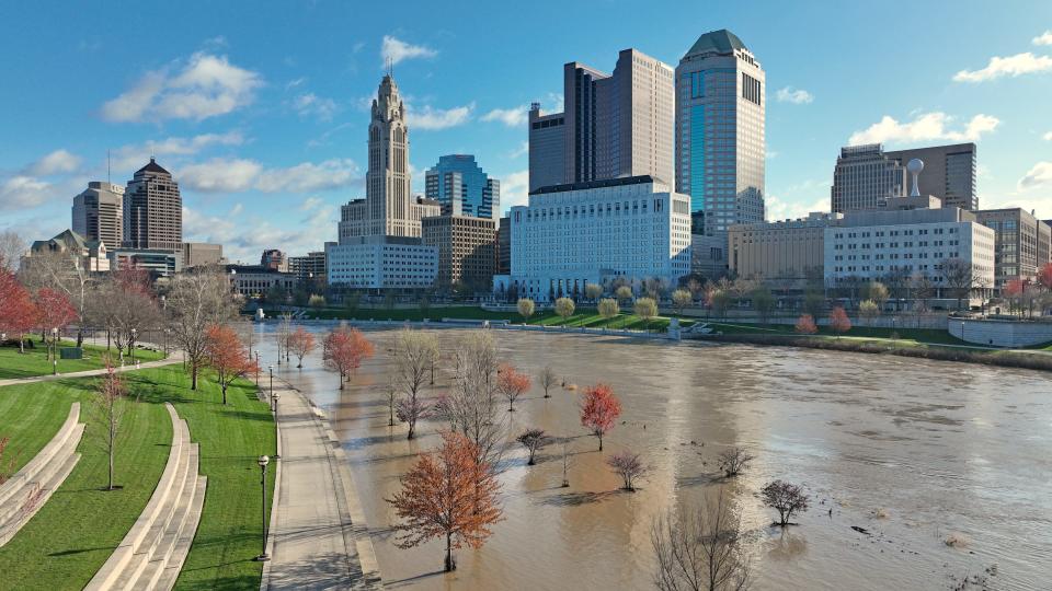 After heavy rains from severe storms that went through central Ohio on Tuesday, April 2, 2024, the swollen Scioto River flooded parks and trails Wednesday morning in downtown Columbus as it crested just under 24 feet.