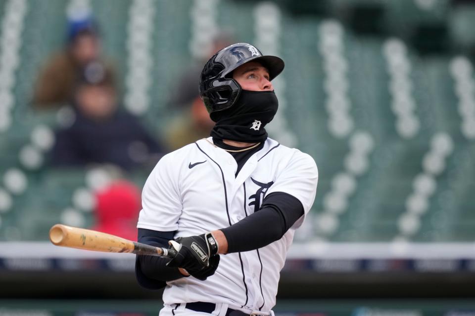 Tigers right fielder Kerry Carpenter watches his game-winning home run during the ninth inning of the Tigers' 4-3 win over the Guardians in the first game of the doubleheader on Tuesday, April 18, 2023, at Comerica Park.