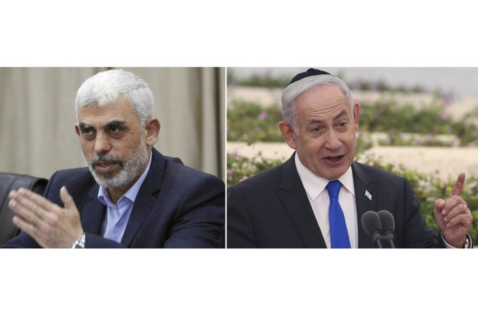 In this combination image, Hamas' leader in Gaza, Yahya Sinwar, speaks on April 13, 2022, in Gaza City, left, and Israeli Prime Minister Benjamin Netanyahu speaks on June 18, 2024, in Tel Aviv. The fate of the proposed cease-fire deal for Gaza hinges in many ways on Sinwar and Netanyahu. Each faces significant political and personal pressures that may be influencing their decision-making and neither seems in a rush to make concessions to end the war. (AP Photo)