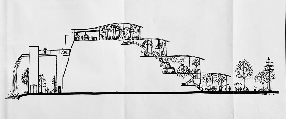 A cross-section sketch of the Mound, an earthen structure that was proposed in the 1996 downtown Fayetteville Vision Plan (commonly called the Marvin Plan). The Mound was going to be 60 feet tall, have a restaurant on top, a glass-enclosed nature conservatory and a 40-foot waterfall. It was intended to be a nationally known landmark for Fayetteville.
