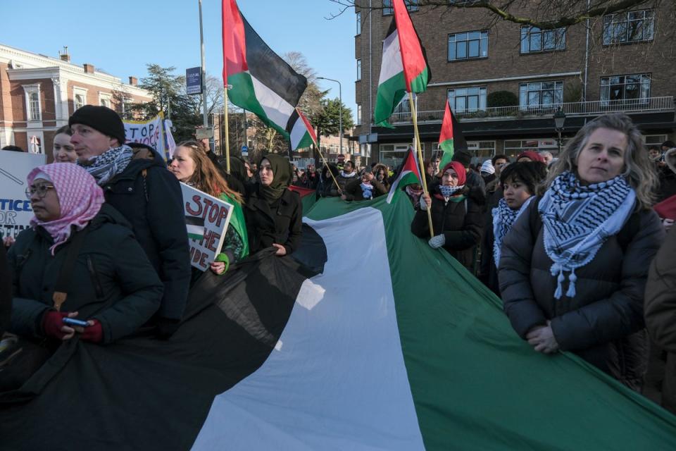 Pro-Palestinian activists gather during session of the International Court of Justice, or World Court, in The Hague, Netherlands, on Friday (Copyright 2024 The Associated Press. All rights reserved)