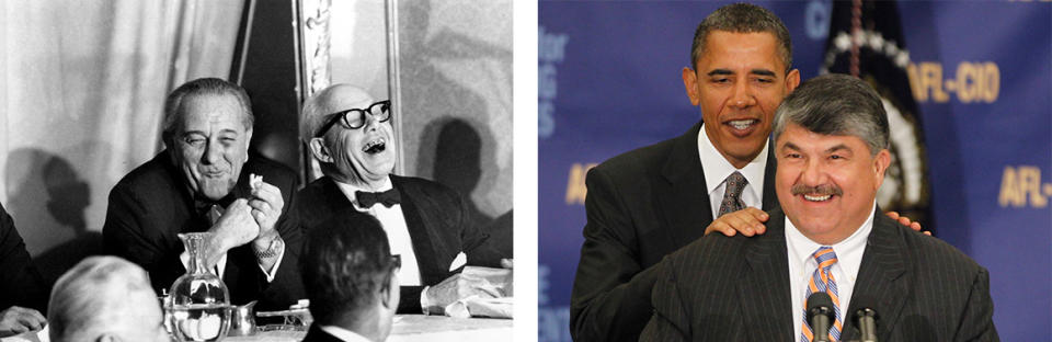 Left: George Meany (right) shares a laugh with President Lyndon Johnson at a dinner in 1967. Right: Richard Trumka introduces President Barack Obama ahead of a 2010 speech on the economy.