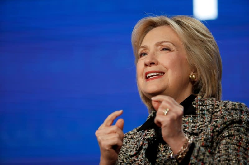 FILE PHOTO: Former U.S. Secretary of State Clinton speaks at a panel for the Hulu documentary "Hillary" during the Winter TCA (Television Critics Association) Press Tour in Pasadena