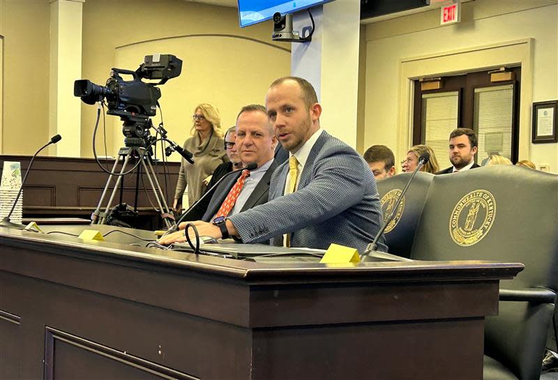 Kentucky Agriculture Commissioner Jonathan Shell speaks to Senate Agriculture Committee members at a meeting in the first month of his time in office. Jan. 23, 2024