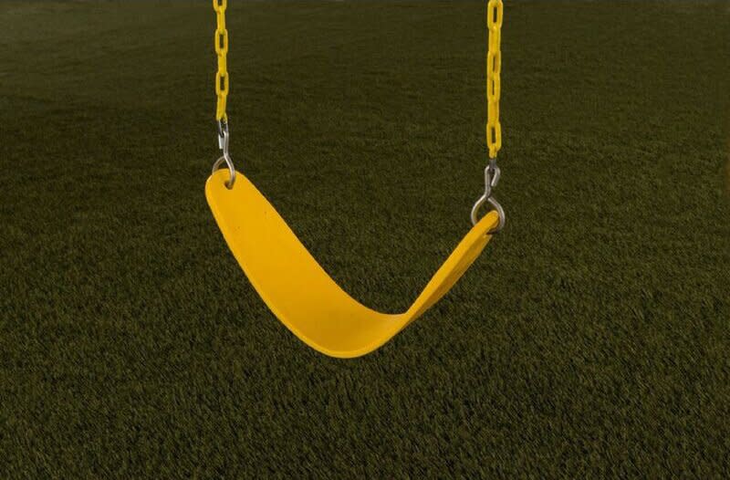 Plastic Belt Swing Seat with Chains. Image via Wayfair.