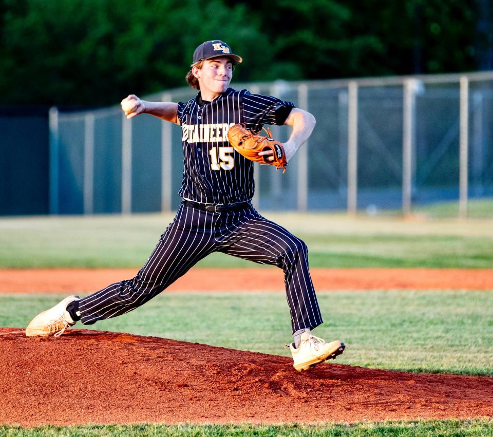 Kings Mountain junior pitcher Zane Brockman throws against Crest Tuesday afternoon at Crest High School. Kings Mountain defeated Crest 5-4.