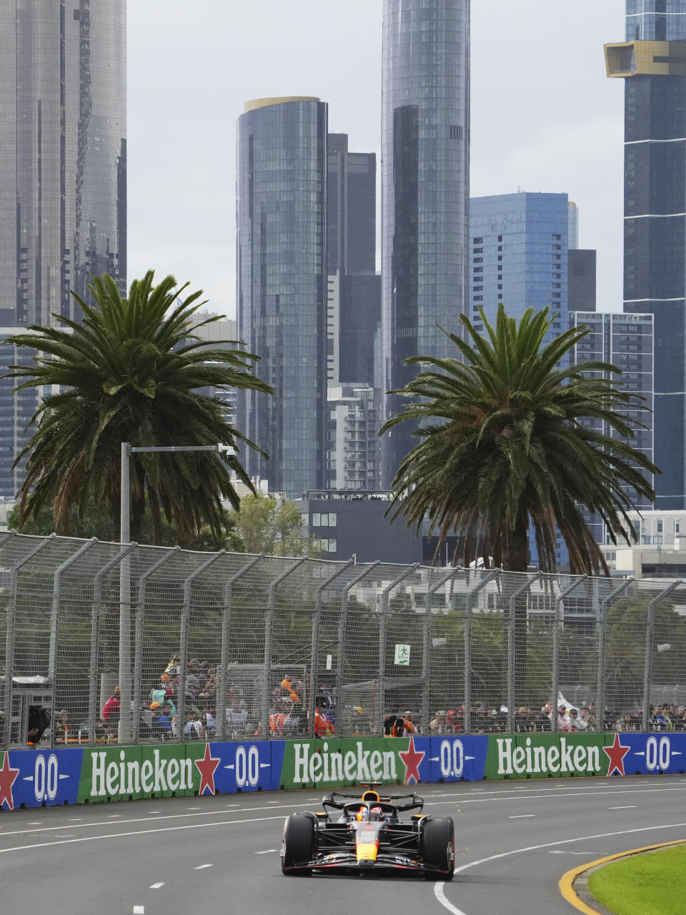 Red Bull driver Max Verstappen of Netherlands races on the track in qualifying for the Australian Formula One Grand Prix at Albert Park in Melbourne, Saturday, April 1, 2023. (AP Photo/Scott Barbour)