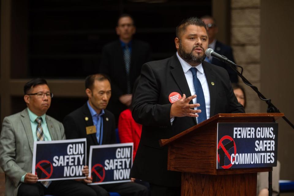 Monterey Park Mayor Jose Sanchez speaks during a press conference on Monday.