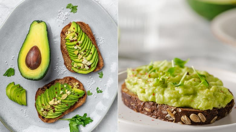 split image of slice avocado toast next to mashed avocado toast