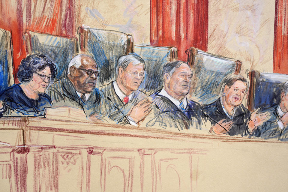 This artist sketch depicts, from left, Associate Justice Sonia Sotomayor, Associate Justice Clarence Thomas, Chief Justice of the United States John Roberts, Associate Justice Samuel Alito, and Associate Justice Elena Kagan at the Supreme Court during arguments over whether former President Donald Trump is immune from prosecution in a case charging him with plotting to overturn the results of the 2020 presidential election, on Capitol Hill in Washington, Thursday, April 25, 2024. (Dana Verkouteren via AP)