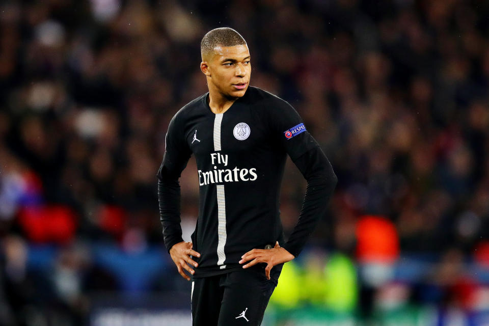 PARIS, FRANCE - MARCH 06: Kylian Mbappe of Paris Saint-Germain looks on during the UEFA Champions League Round of 16 Second Leg match between Paris Saint-Germain and Manchester United at Parc des Princes on March 06, 2019 in Paris, France. (Photo by Chris Brunskill/Fantasista/Getty Images)