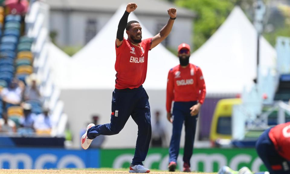 <span>Chris Jordan celebrates after dismissing Nosthush Kenjige, the ninth man out for the USA.</span><span>Photograph: Philip Brown/Getty Images</span>