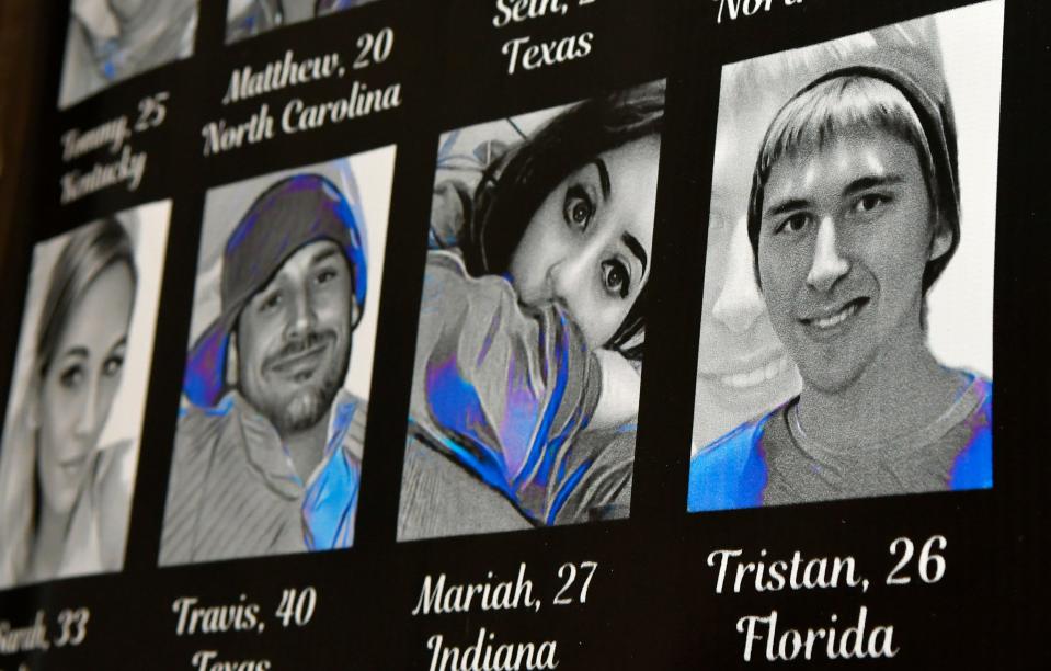 Suzy Pereira, founder and chair of The Blue Plaid Society, lost her son Tristan, seen at right, to the fentanyl epidemic in 2021. His photo was part of a display of some of the victims of fentanyl. at the 2023 Central Florida Fentanyl Summit, held at Space Coast Health Foundation Center for Collaboration, In Rockledge.