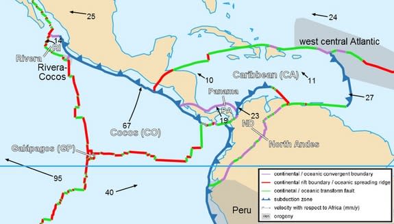 Tectonic plates in northwestern South America and Panama.