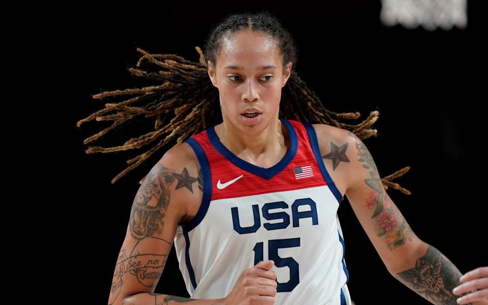Brittney Griner playing for the USA during the 2020 Olympics - AP Photo/Eric Gay