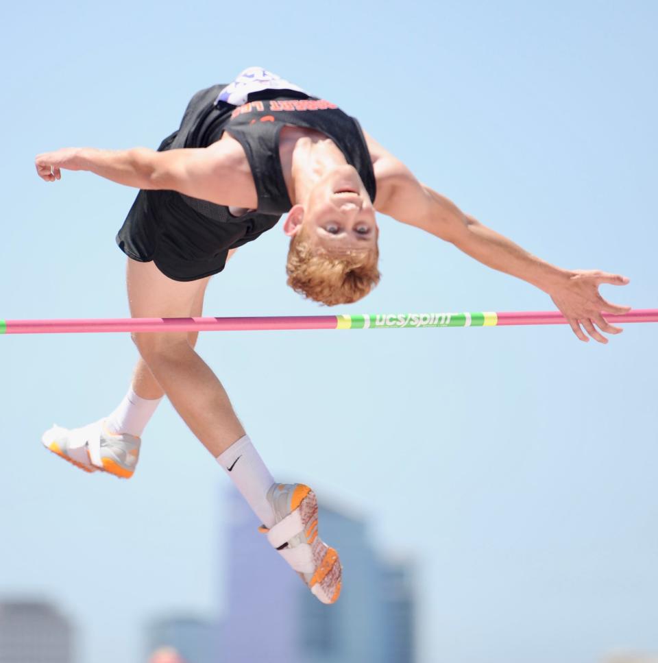 Robert Lee's Noah Escamilla jumps at the state track and field meet in Austin on Saturday.