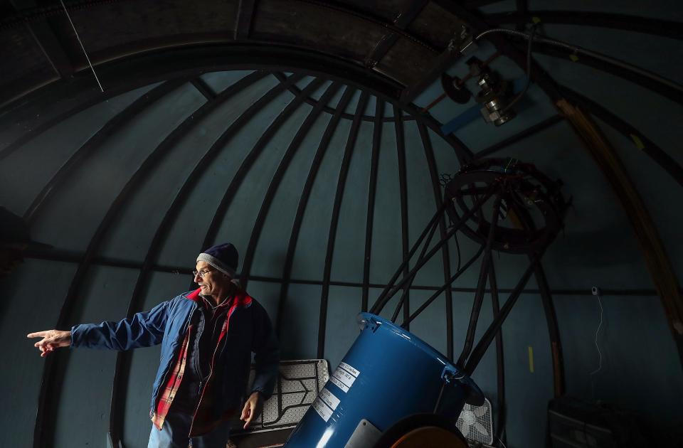 Battle Point Astronomical Association president Frank Petrie talks about the renovations planned for the dome that houses the telescope at the Edwin E. Ritchie Observatory in Bainbridge Island's Battle Point Park on Thursday, Feb. 16, 2023.