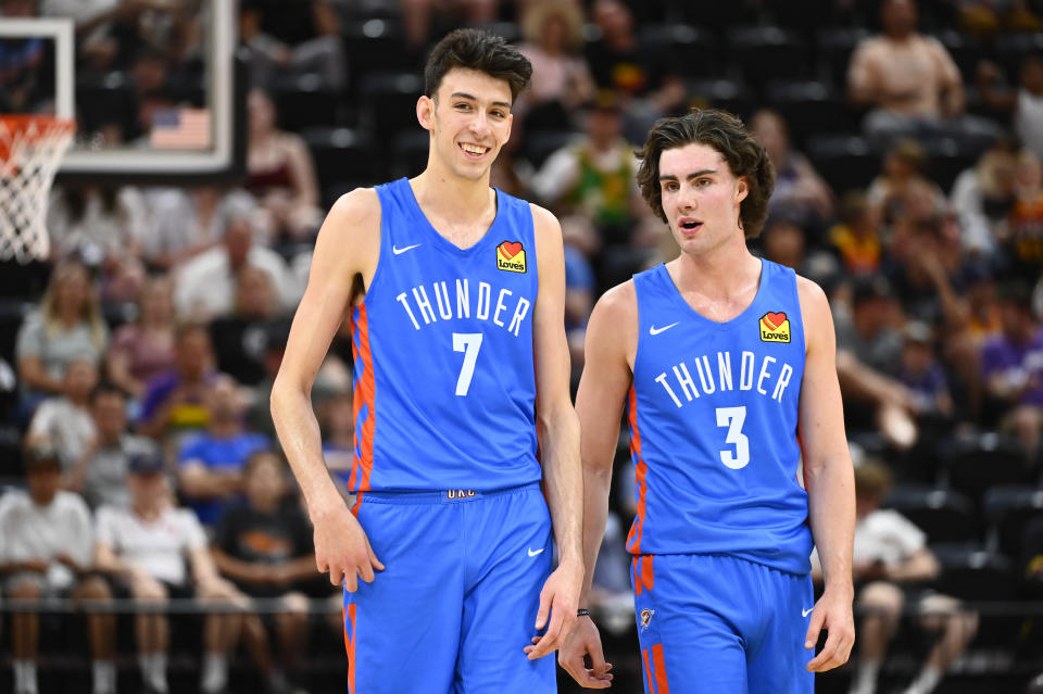 Oklahoma City Thunder players Chet Holmgren and Josh Giddey during a Salt Lake City Summer League game against the Utah Jazz at Vivint Arena in Salt Lake City on July 5, 2022. (Alex Goodlett/Getty Images)