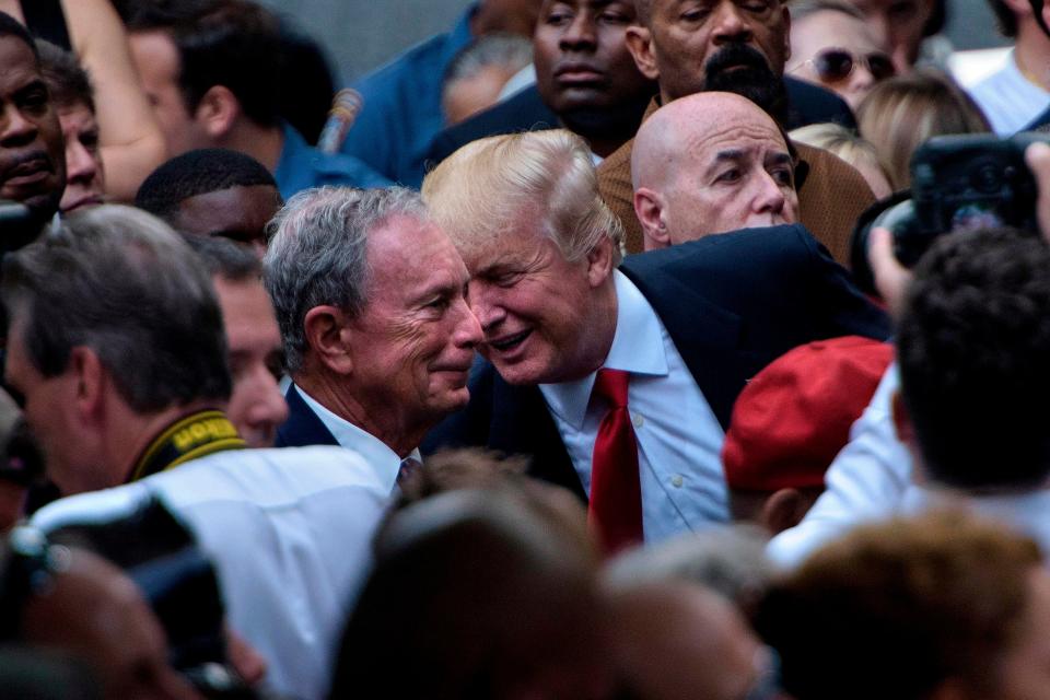 Then-presidential nominee Donald Trump and former New York City Mayor Mike Bloomberg at a memorial service in New York on Sept. 11, 2016.