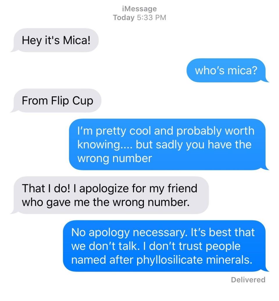 Text from "Mica" ends up being the wrong number, and after Mica apologizes, person says "No apology necessary; it's best that we don't talk because I don't trust people named after phyllosilicate minerals"