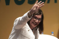 Magda Chambriard, the new president of the state-run oil company Petrobras, waves during her inauguration ceremony, in Rio de Janeiro, Brazil, Wednesday, June 19, 2024. (AP Photo/Bruna Prado)